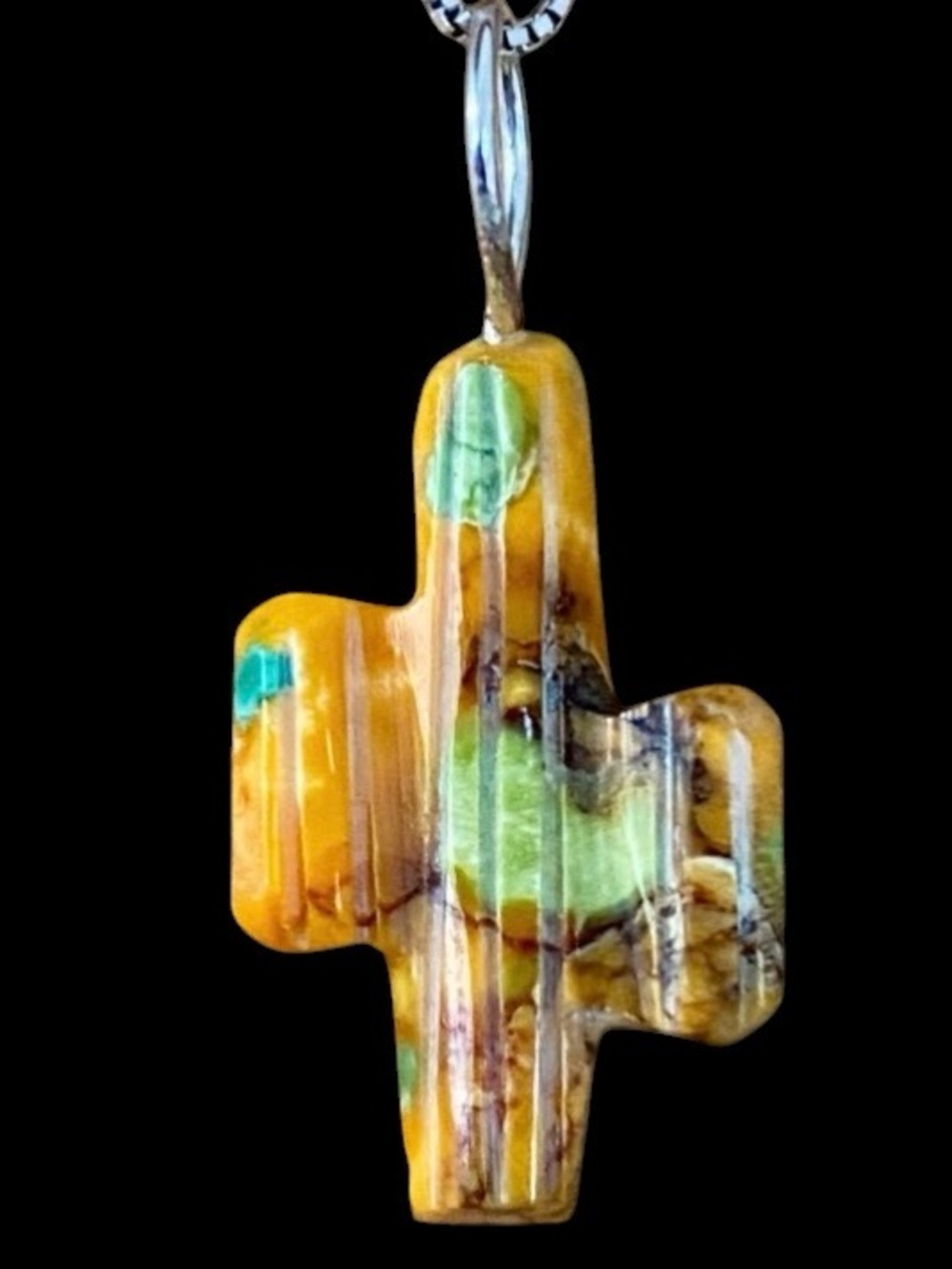 P7 Turquoise Native American hand-carved cactus sterling silver pendant